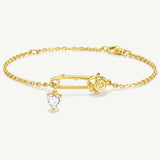 Rose Pin Silver Bracelet with Heart CZ Stone