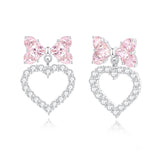 "Nœud pour Princesse" Boucles d'Oreilles en Argent Sterling en Forme de Nœud et de Cœur Rose