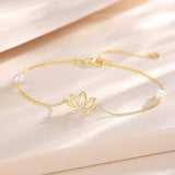Bracelet en or jaune 14K en forme de fleur de lotus avec perles d'eau douce de 4MM, bracelet ajustable de luxe, bijoux fins