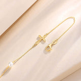 Bracelet en or jaune 14K avec croix latérale en or massif et lien en perles, bijoux fins ajustables