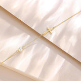 Bracelet en or jaune 14K avec croix latérale en or massif et lien en perles, bijoux fins ajustables