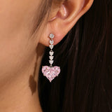 "Chérie" Boucles d'Oreilles Pendantes en Argent Sterling Cœur Rose Avec Pierres CZ Blanches