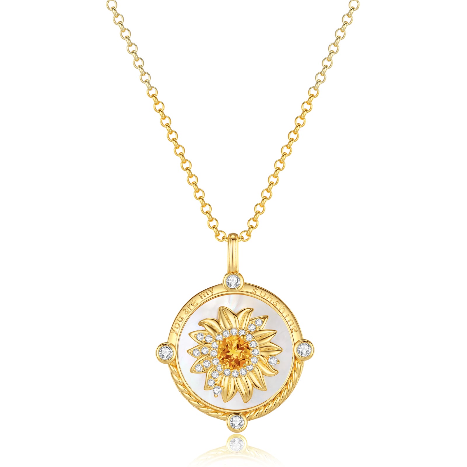 FANCIME "My Sunshine" Tournesol Nacre Citrine Pierre de naissance Rotatif Collier en argent sterling