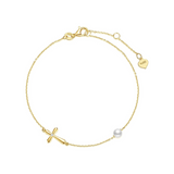 Bracelet en or jaune 14K avec croix latérale en or massif et lien en perles, bijoux fins ajustables