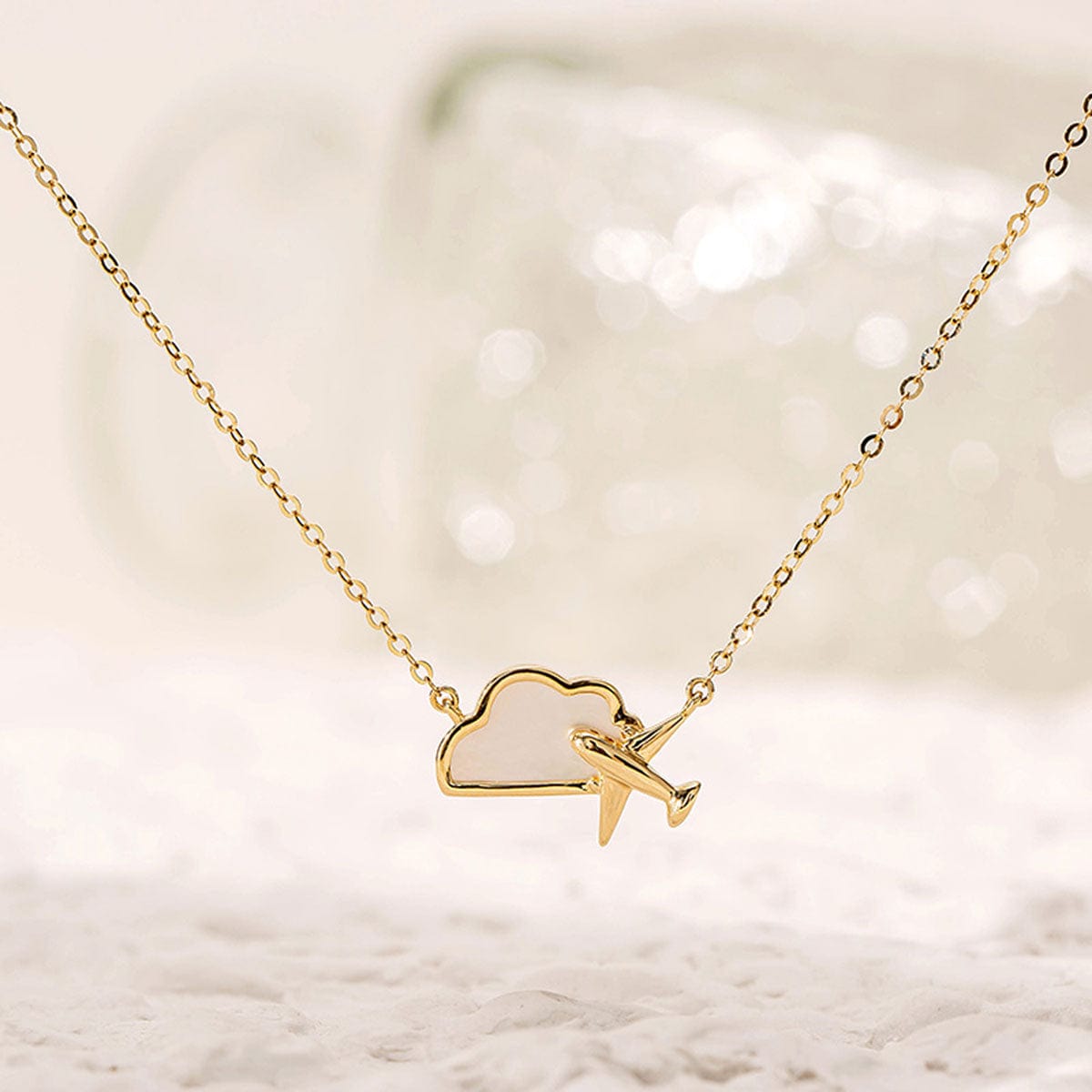FANCIME "Dreamer" Cloud Mother Of Pearl Airplane 14k Yellow Gold Necklace Detail