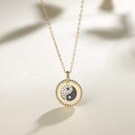 Diamond Yin Yang Round Disc Coin Pendant Necklace in 14k Yellow Gold