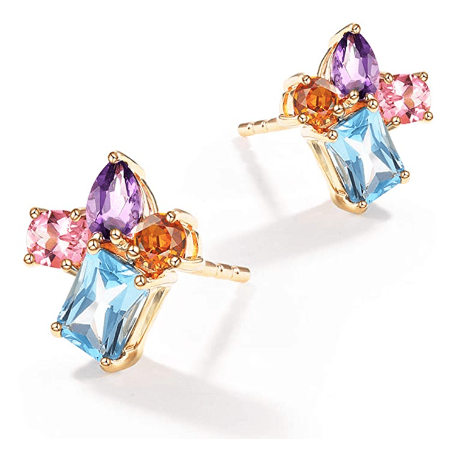 FANCIME 14K Solid Yellow Gold Multicolored Gemstone 1.4cttw Citrine/Topaz/Amethyst/Pink Tourmaline Stud Earrings For Women - FANCI ME