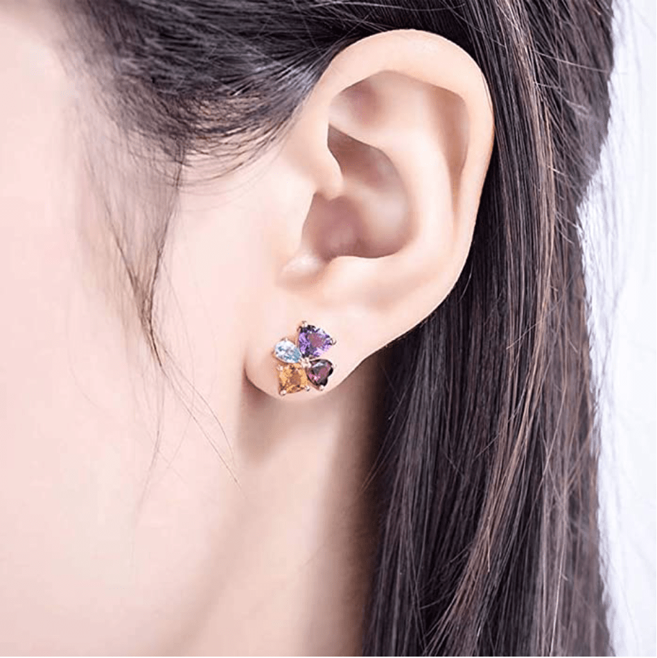 14K Solid Yellow Gold Multi Color Gemstone Genuine Citrine Topaz Amethyst Garnet Flower Earring Studs for Her